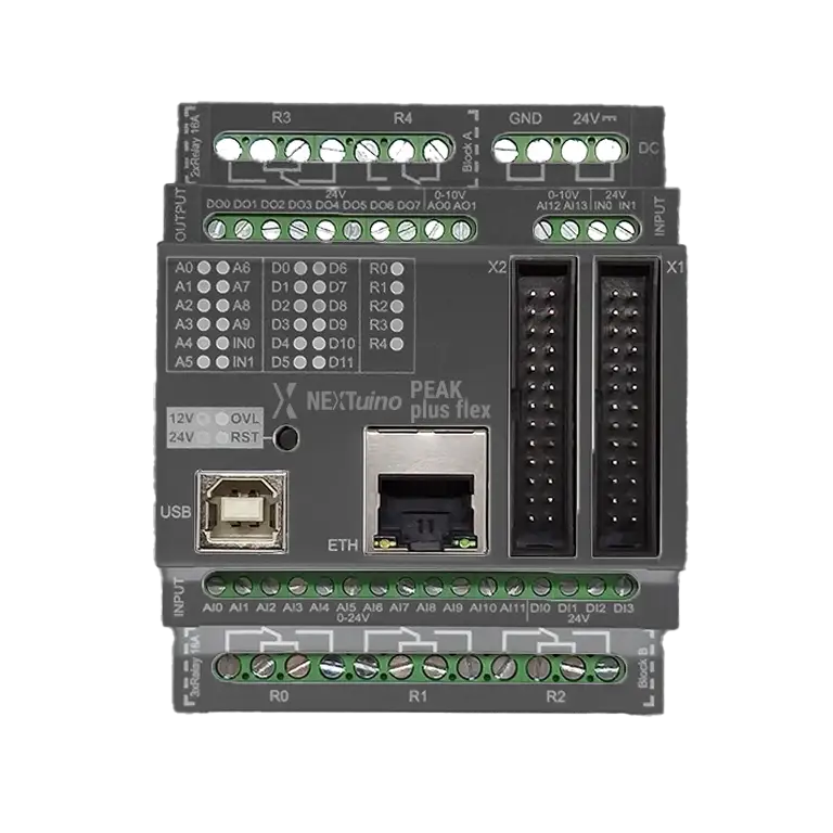 NEXTuino PEAK PLUS FLEX — ATmega2560 PLC with power relays and 0–10 V analog I/O